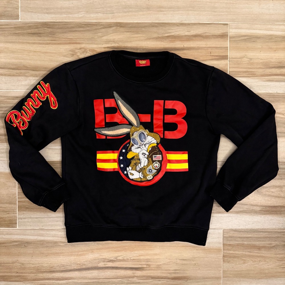 Looney Tunes Bugs‎ Bunny Mens Black Graphic Sweatshirt Aviator Patch Large L